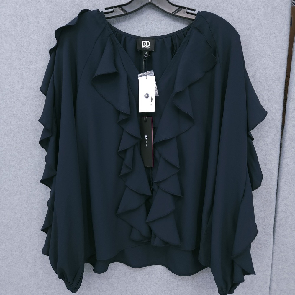 Dee Ocleppo Elysia Ruffle V Neck Button Up Navy Blouse Womens Size M NWT - Picture 2 of 9